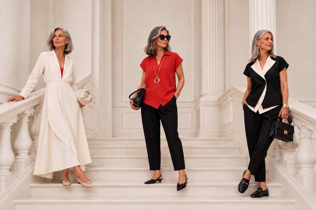 Three elegantly dressed women on a white marble staircase wearing IKKHO womenswear — cream wrap midi dress, red asymmetric top with black tailored trousers, and black double collared jacket with ivory lapels