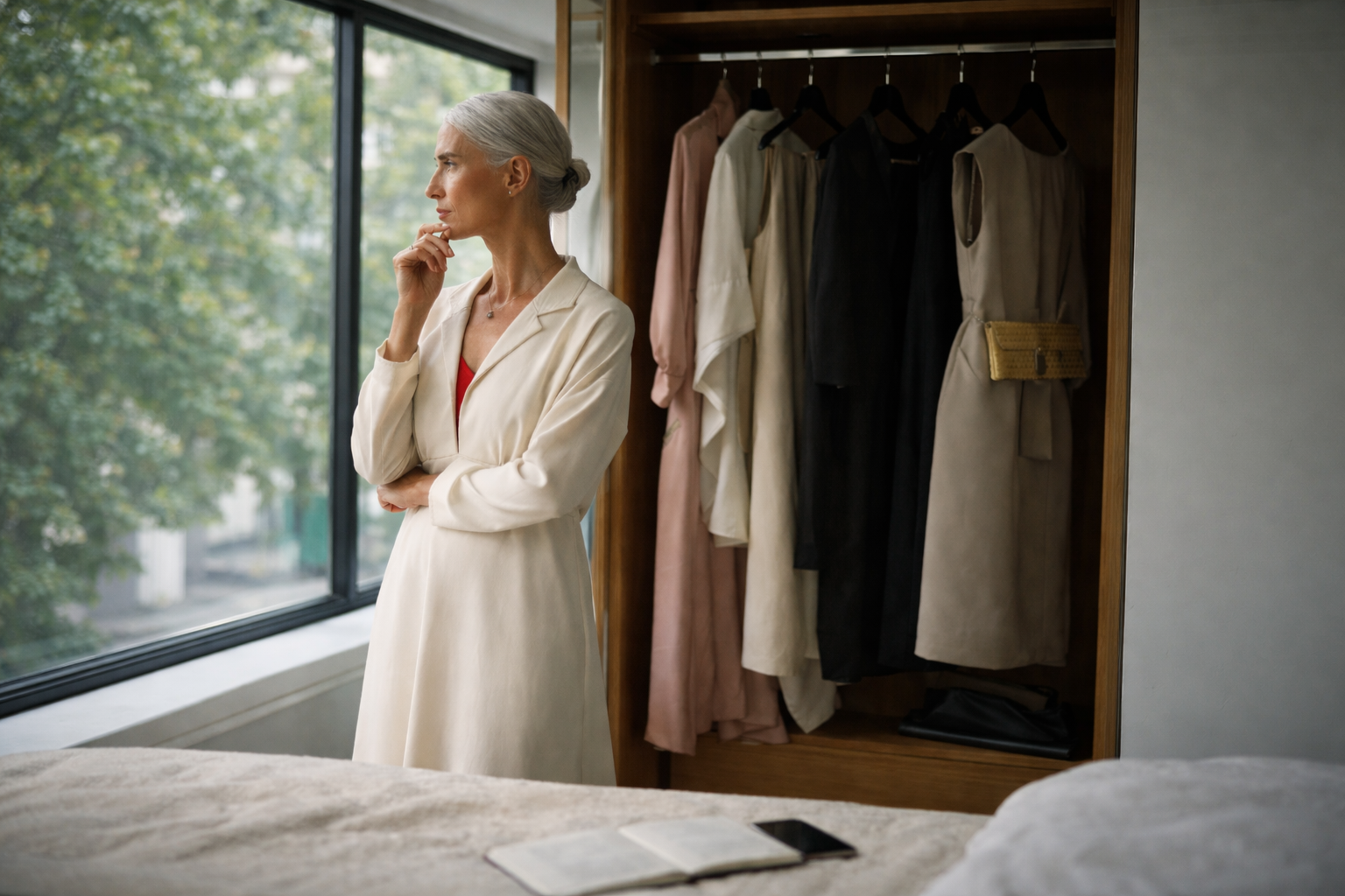 IKKHO_Woman standing by wardrobe, deciding what to wear for an occasion.png