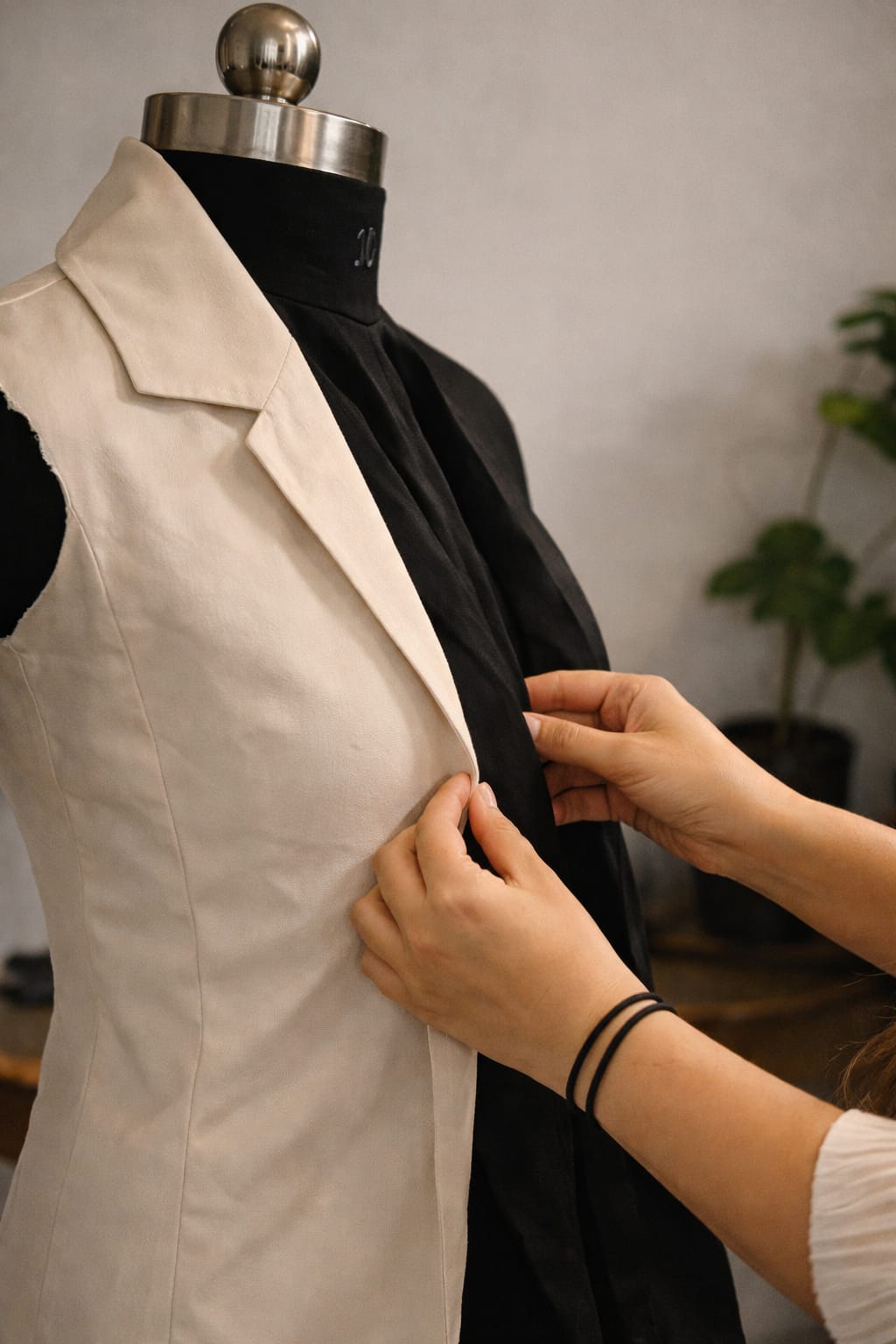 A designer adjusts the lapel of a cream tailored vest on a black dress form in a studio setting, highlighting careful garment construction and modern tailoring.