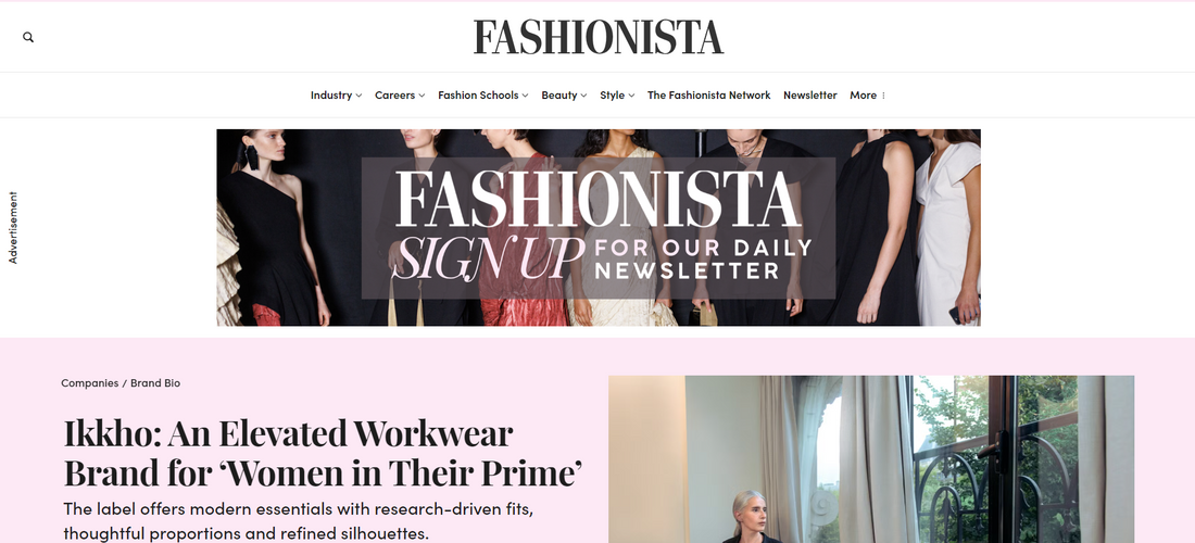 Screenshot of Fashionista article featuring IKKHO apparel brand and its approach to modern womenswear design