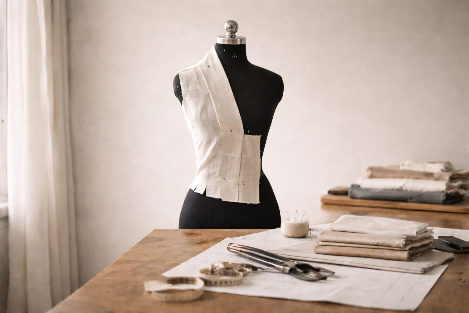 Fashion studio scene with a dress form draped in muslin beside fabric swatches and tools, representing IKKHO’s Journal on design and intentional dressing