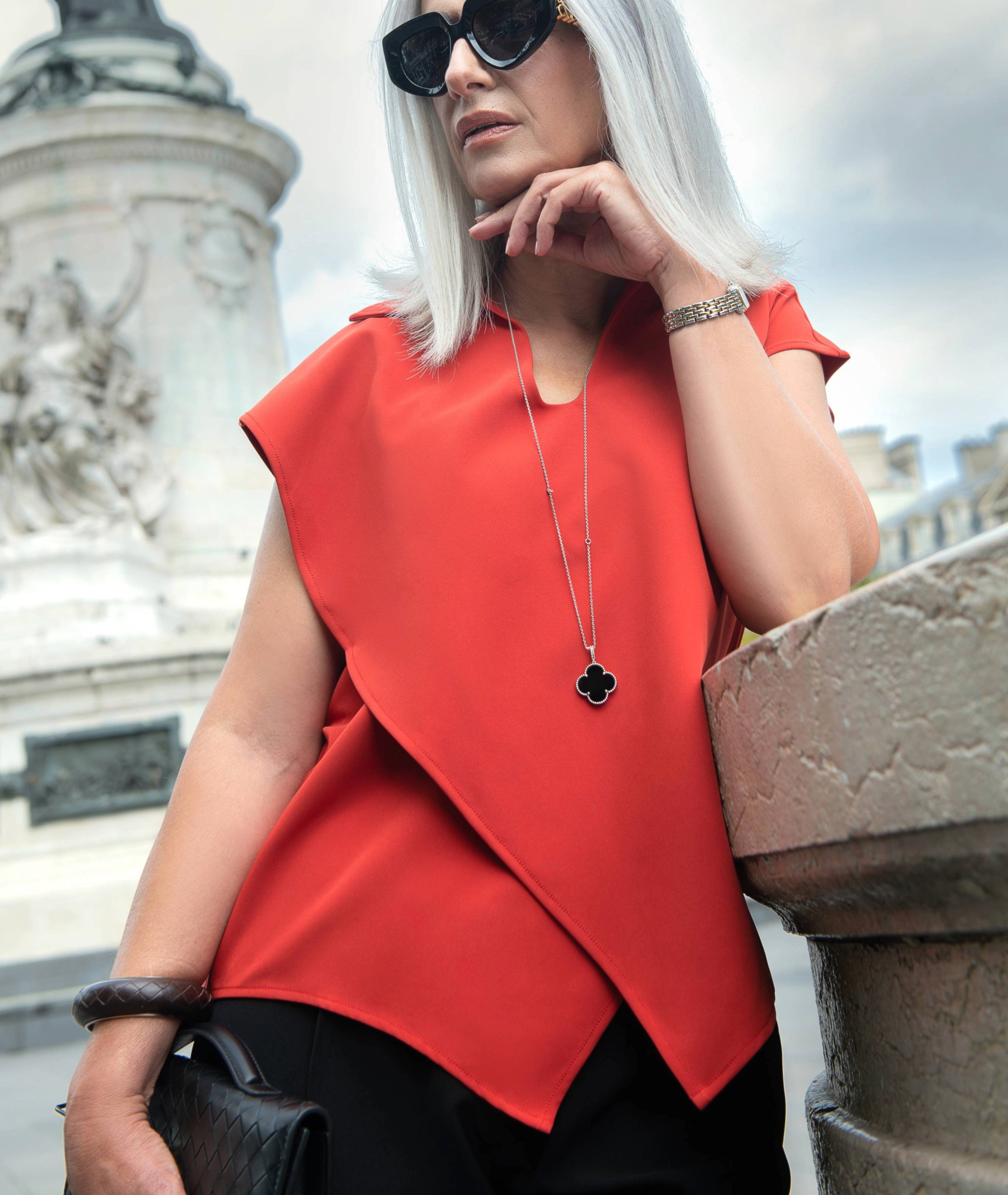 Wave Overlap structured tunic dress in statement orange by IKKHO with power collar and asymmetric overlap design